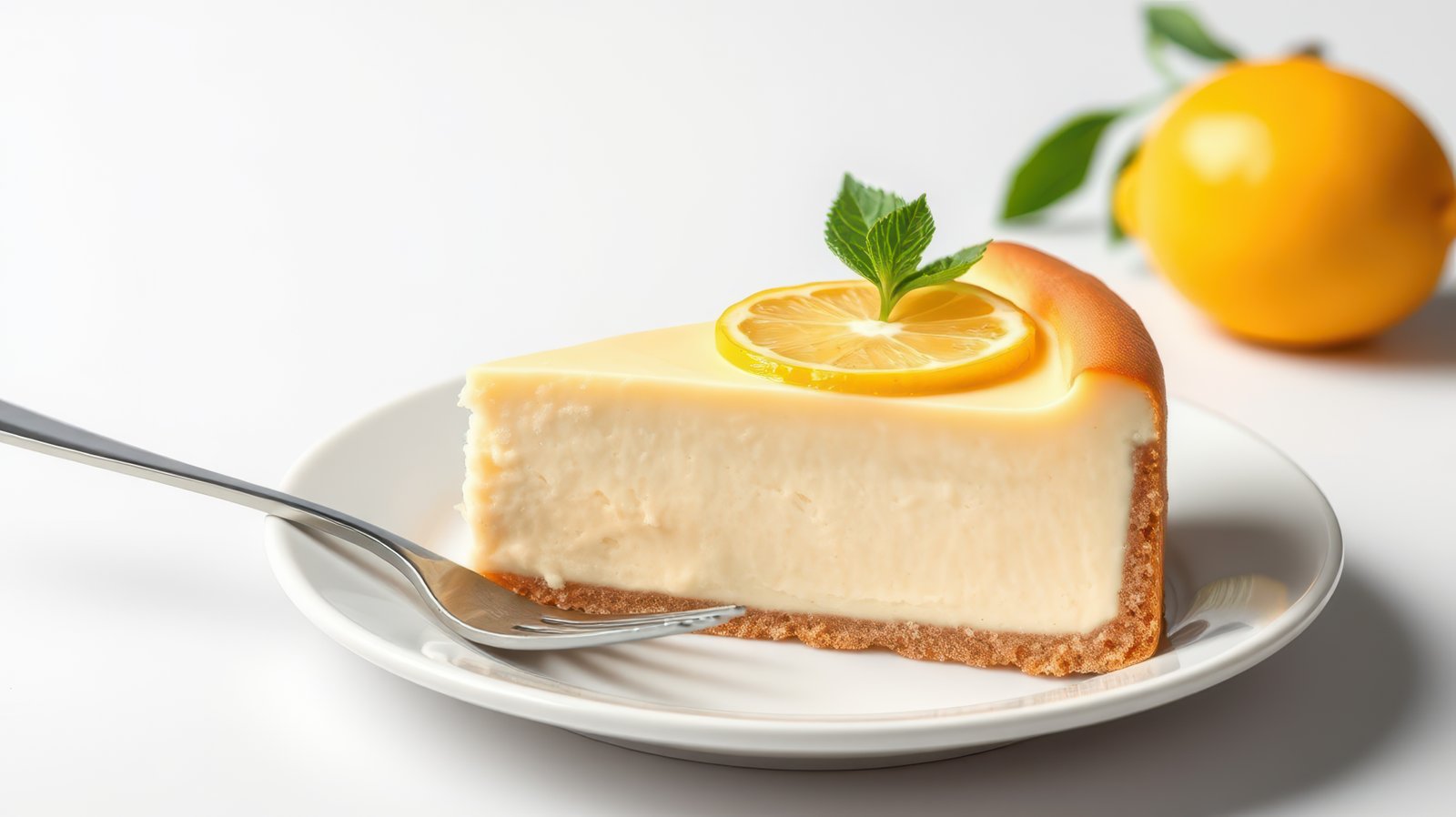 Lemon cheesecake slice on a plate with fresh lemon and mint garnish in a bright kitchen setting